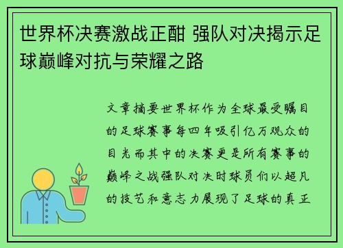 世界杯决赛激战正酣 强队对决揭示足球巅峰对抗与荣耀之路