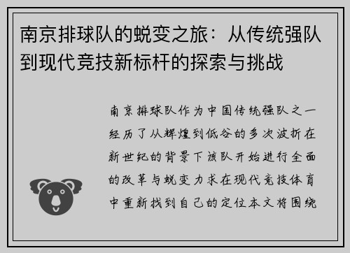 南京排球队的蜕变之旅：从传统强队到现代竞技新标杆的探索与挑战