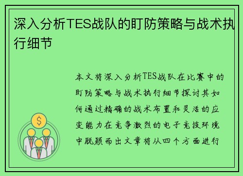 深入分析TES战队的盯防策略与战术执行细节